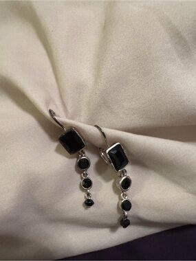 Silver and Black Stone Drop Earrings